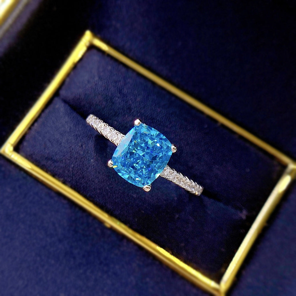 Urqanyu S925 silver emerald green diamond blue ring temperament whitening cubic zirconia ring