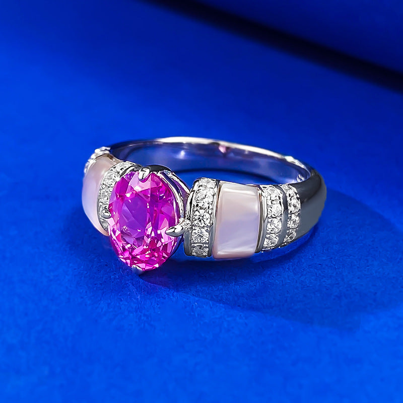 Urqanyu 925 silver natural pink shell rupee red cubic zirconia diamond ring silver