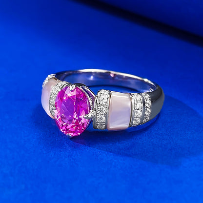 Urqanyu 925 silver natural pink shell rupee red cubic zirconia diamond ring silver