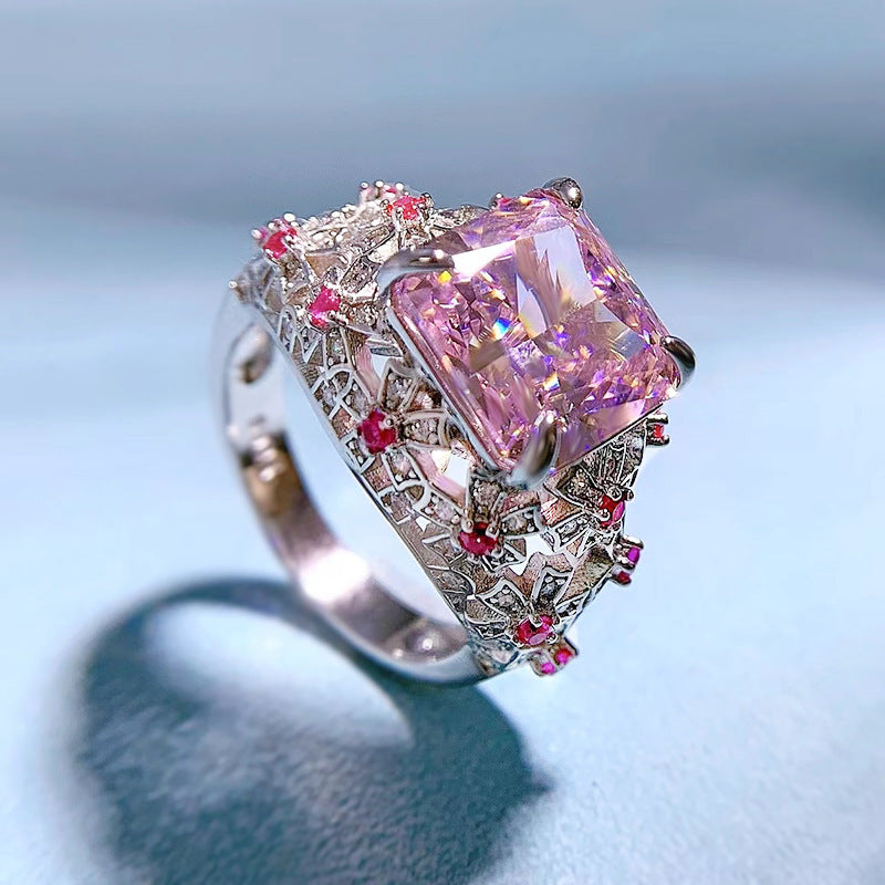 Urqanyu S925 silver oval pink cubic zirconia diamond ring 10*10