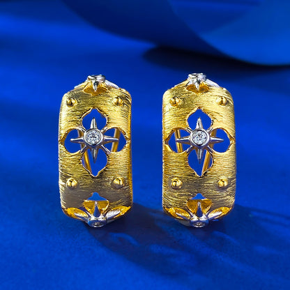 Urqanyu S925 silver Italian hand-brushed palace style gold craft hollow carved cubic zirconia earrings