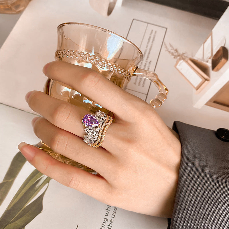 Urqanyu copper-based gold-plated ice flower cut crown copper-inlaid elegant cubic zirconia ring
