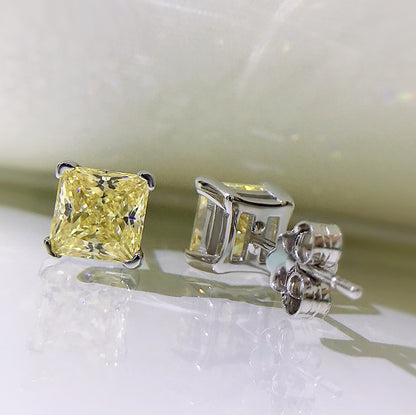 Urqanyu S925 silver bright yellow simple princess square 6m ice flower cut cubic zirconia earrings
