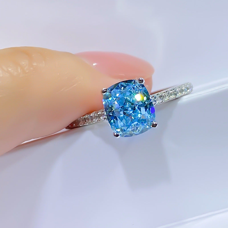 Urqanyu S925 silver emerald green diamond blue ring temperament whitening cubic zirconia ring