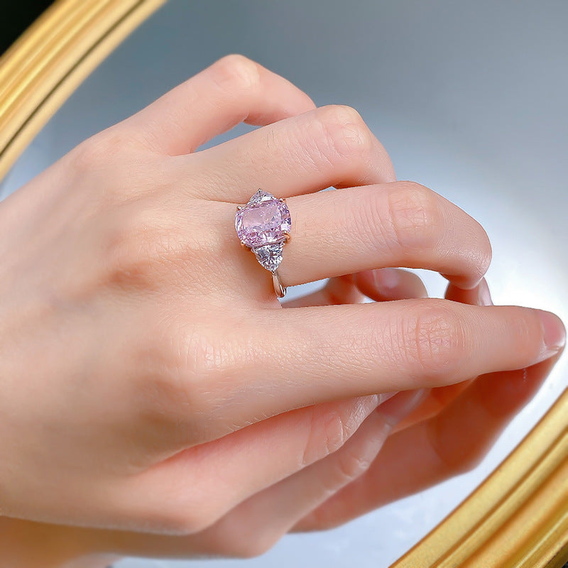 Urqanyu S925 silver inlaid pink diamond fashion OL cubic zirconia ring 8*10