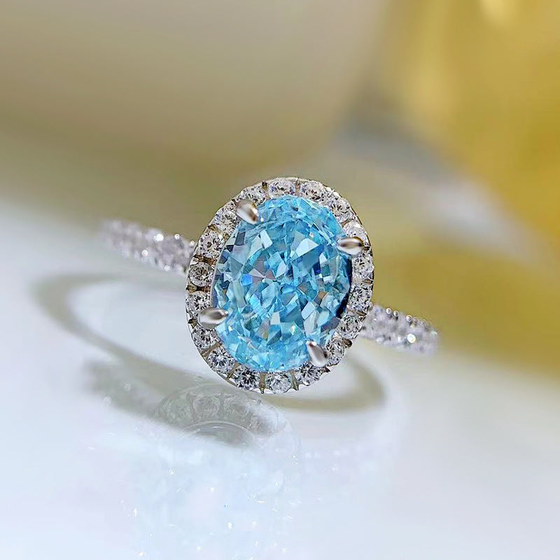 Urqanyu S925 silver one carat oval sea blue cubic zirconia radiant ring 6*8