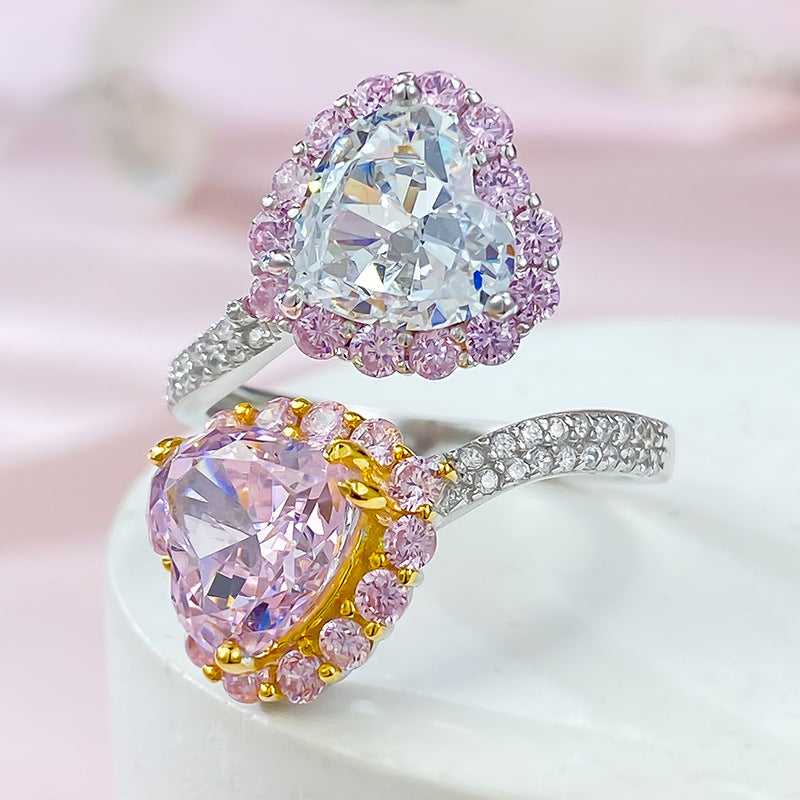Urqanyu s925 silver contrast color pink diamond heart-shaped cubic zirconia ice flower cut open ring
