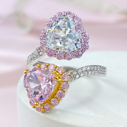 Urqanyu s925 silver contrast color pink diamond heart-shaped cubic zirconia ice flower cut open ring