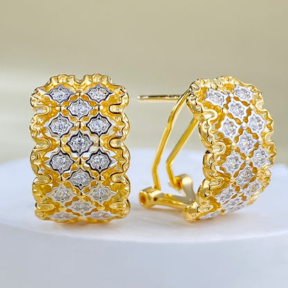 Urqanyu S925 silver Italian woven pattern carved diamond metal hollow retro palace style cubic zirconia earrings