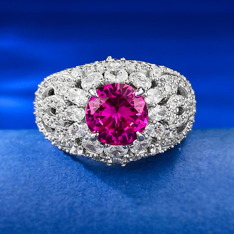 Urqanyu S925 silver fashion pink steel round diamond ring cubic zirconia ring 8.0mm