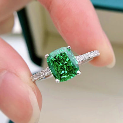 Urqanyu S925 silver emerald green diamond blue ring temperament whitening cubic zirconia ring