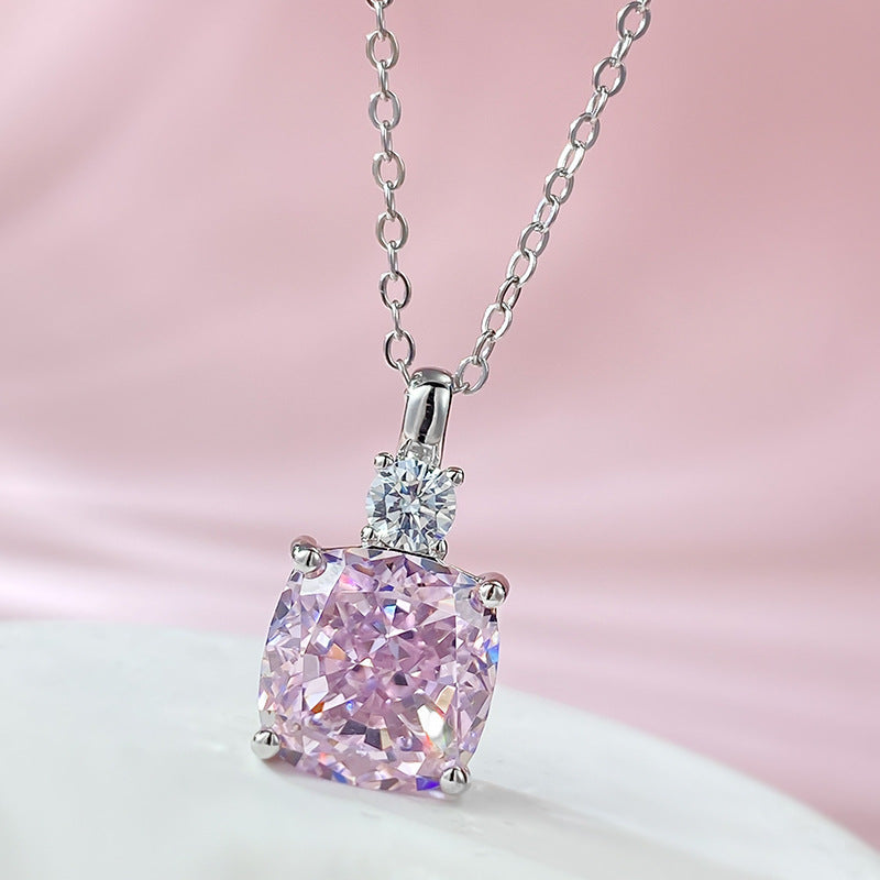 Urqanyu S925 silver 10mm pink diamond radiant cut niche design cubic zirconia necklace