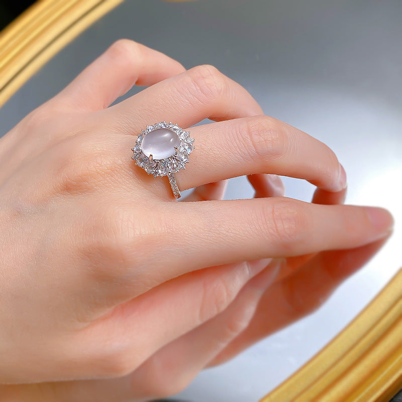 Urqanyu S925 silver French hollow water bubble jade cubic zirconia ring 8*10
