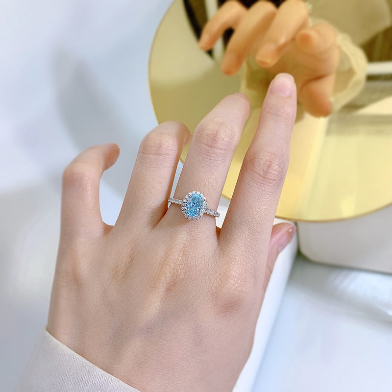 Urqanyu S925 silver one carat oval sea blue cubic zirconia radiant ring 6*8