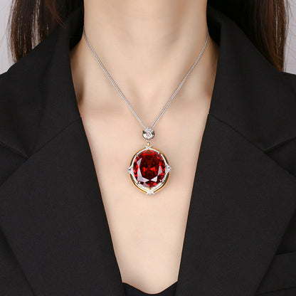 Urqanyu copper-based gold-plated simulated colored gemstone large egg-shaped retro brushed process cubic zirconia necklace