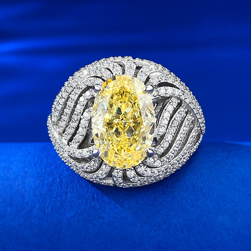 Urqanyu S925 silver egg-shaped vivid yellow ice flower cut cubic zirconia diamond ring 8*12