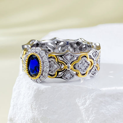 Urqanyu S925 silver Bujia French romantic simulated royal sapphire cubic zirconia ring 4*6