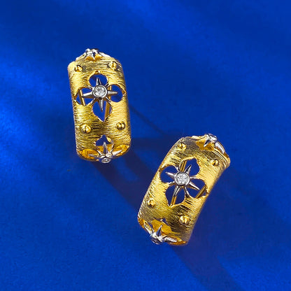 Urqanyu S925 silver Italian hand-brushed palace style gold craft hollow carved cubic zirconia earrings