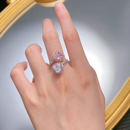 Urqanyu s925 silver contrast color pink diamond heart-shaped cubic zirconia ice flower cut open ring