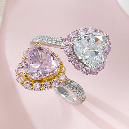 Urqanyu s925 silver contrast color pink diamond heart-shaped cubic zirconia ice flower cut open ring