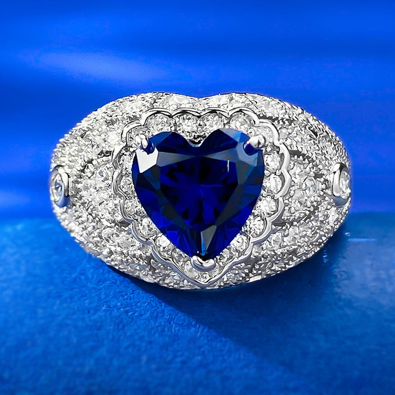 Urqanyu S925 sterling silver heart-shaped simulated sapphire cubic zirconia ring 8*8