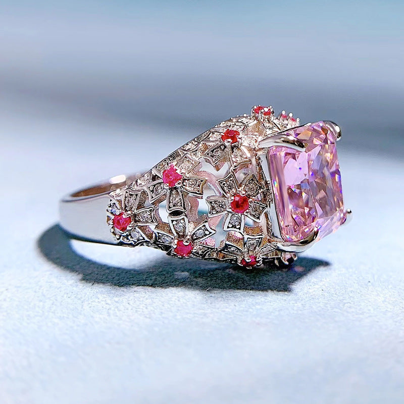 Urqanyu S925 silver oval pink cubic zirconia diamond ring 10*10