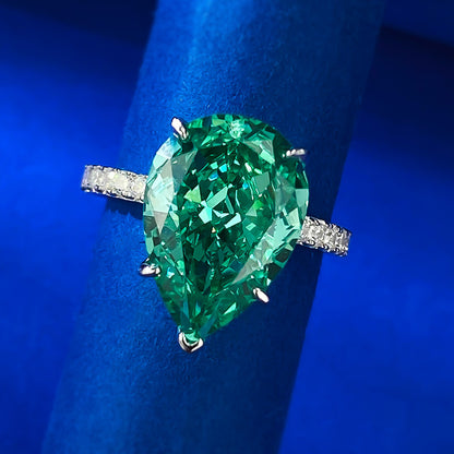 Urqanyu 925 silver cubic zirconia diamond water drop emerald green wedding ring 10*14