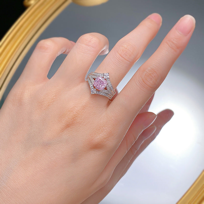 Urqanyu 925 silver crown princess style pink diamond fashion stacking cubic zirconia ring ring