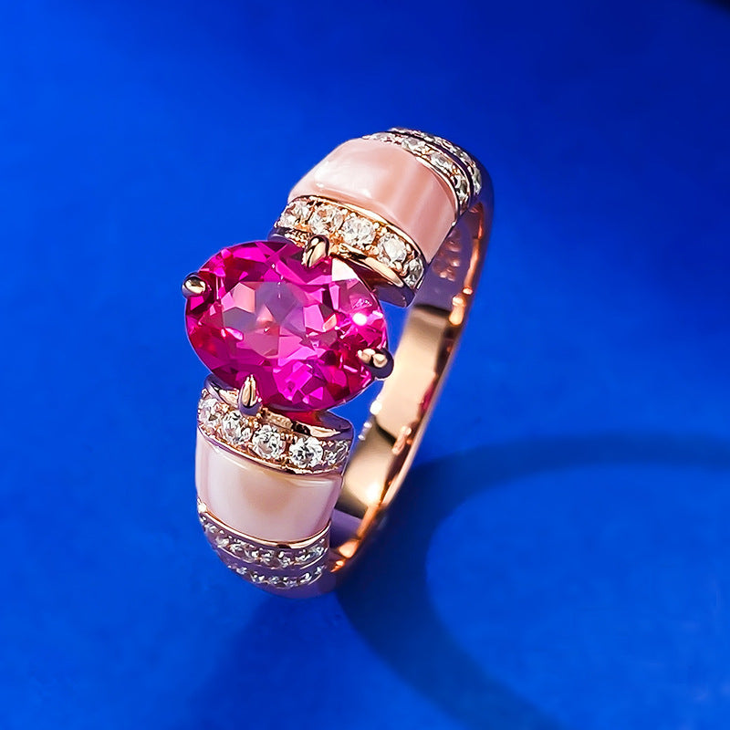 Urqanyu 925 silver natural pink shell rupee red cubic zirconia diamond ring gold