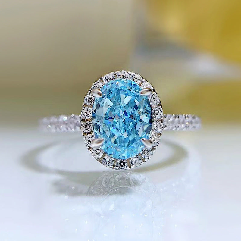 Urqanyu S925 silver one carat oval sea blue cubic zirconia radiant ring 6*8