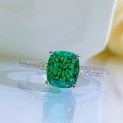 Urqanyu S925 silver emerald green diamond blue ring temperament whitening cubic zirconia ring