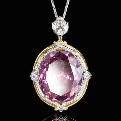 Urqanyu copper-based gold-plated simulated colored gemstone large egg-shaped retro brushed process cubic zirconia necklace