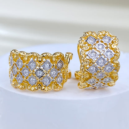 Urqanyu S925 silver Italian woven pattern carved diamond metal hollow retro palace style cubic zirconia earrings