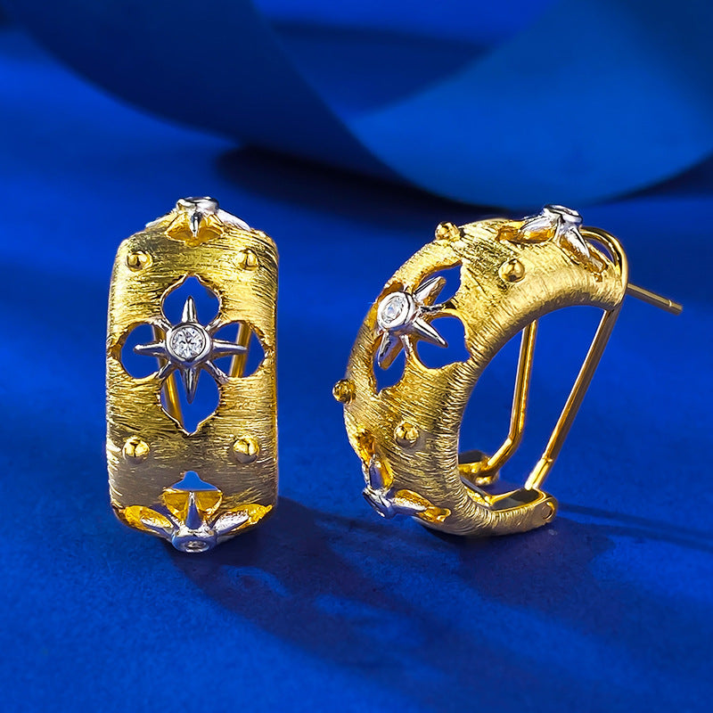 Urqanyu S925 silver Italian hand-brushed palace style gold craft hollow carved cubic zirconia earrings