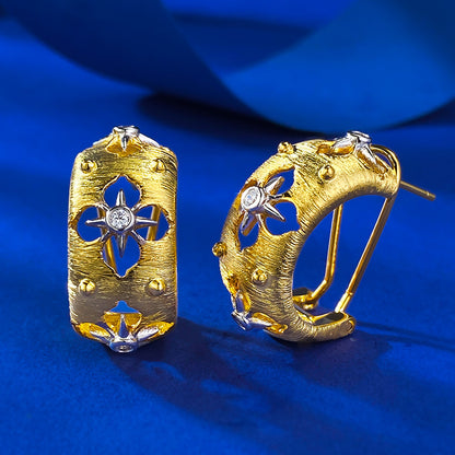 Urqanyu S925 silver Italian hand-brushed palace style gold craft hollow carved cubic zirconia earrings