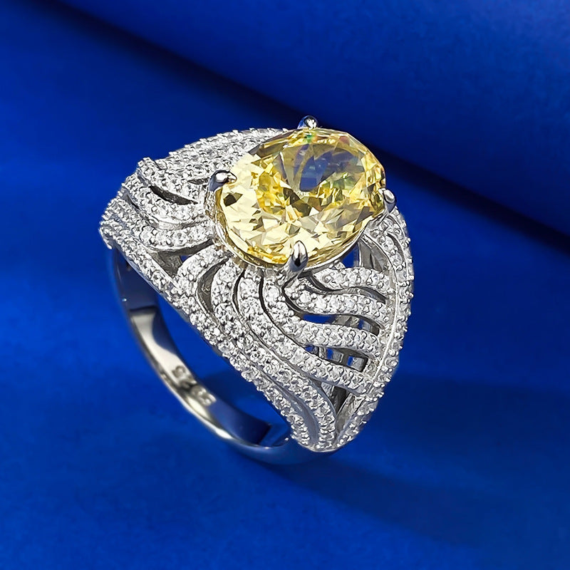 Urqanyu S925 silver egg-shaped vivid yellow ice flower cut cubic zirconia diamond ring 8*12