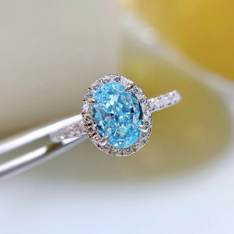 Urqanyu S925 silver one carat oval sea blue cubic zirconia radiant ring 6*8