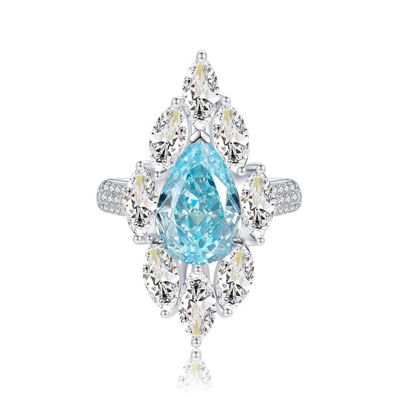 Urqanyu 925 silver 4 carat pear-shaped water drop aquamarine cubic zirconia ring 8*12