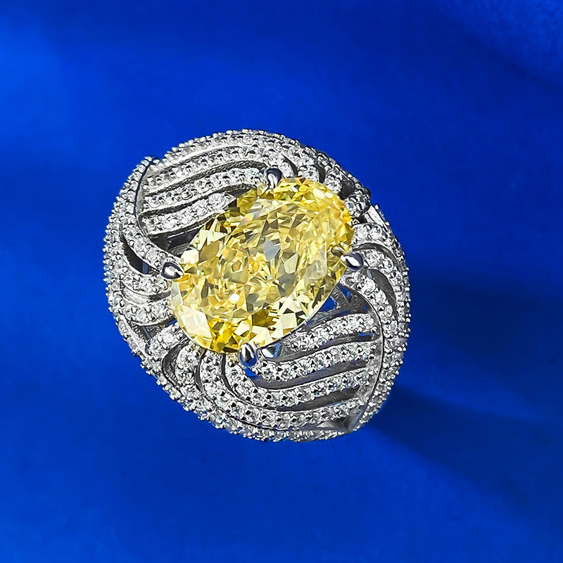 Urqanyu S925 silver egg-shaped vivid yellow ice flower cut cubic zirconia diamond ring 8*12
