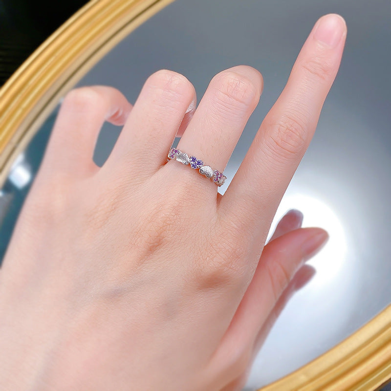 Urqanyu S925 silver retro brushed love purple full circle heart cubic zirconia ring