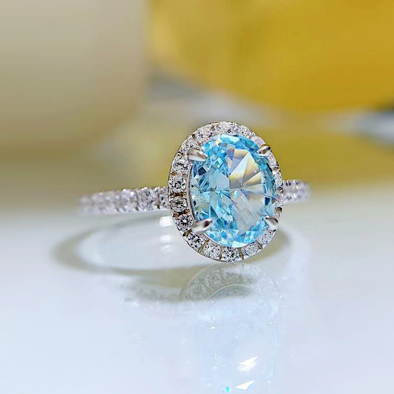 Urqanyu S925 silver one carat oval sea blue cubic zirconia radiant ring 6*8