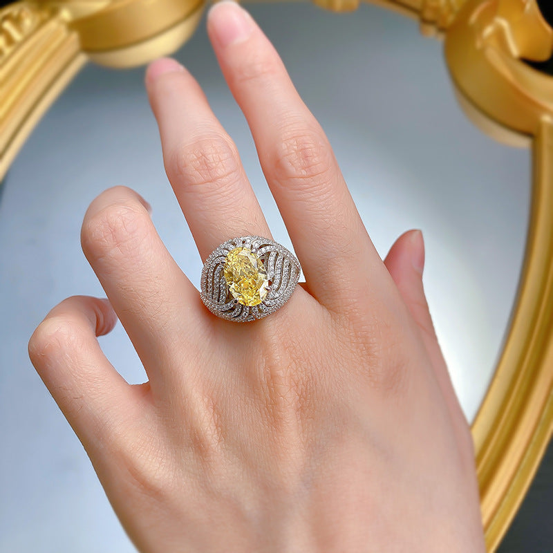 Urqanyu S925 silver egg-shaped vivid yellow ice flower cut cubic zirconia diamond ring 8*12