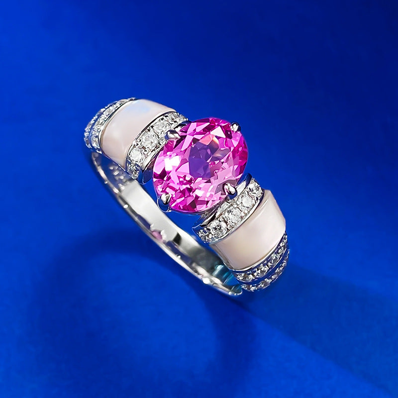 Urqanyu 925 silver natural pink shell rupee red cubic zirconia diamond ring silver