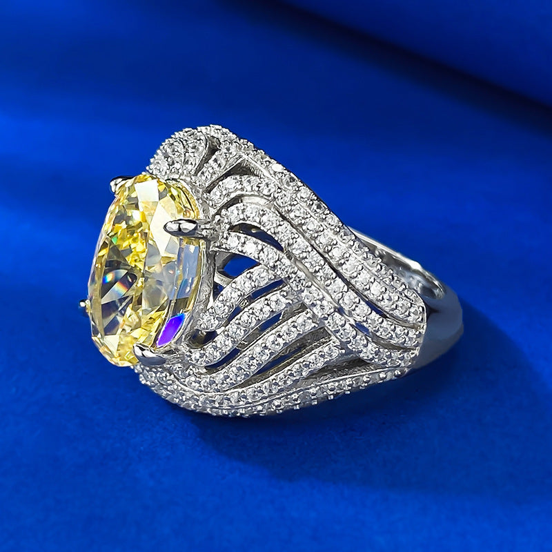 Urqanyu S925 silver egg-shaped vivid yellow ice flower cut cubic zirconia diamond ring 8*12