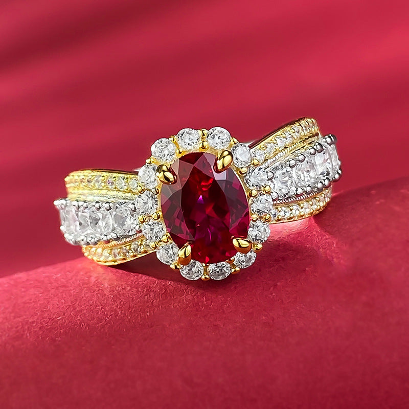 Urqanyu S925 silver French lace edge simulation pigeon blood red oval cubic zirconia ring
