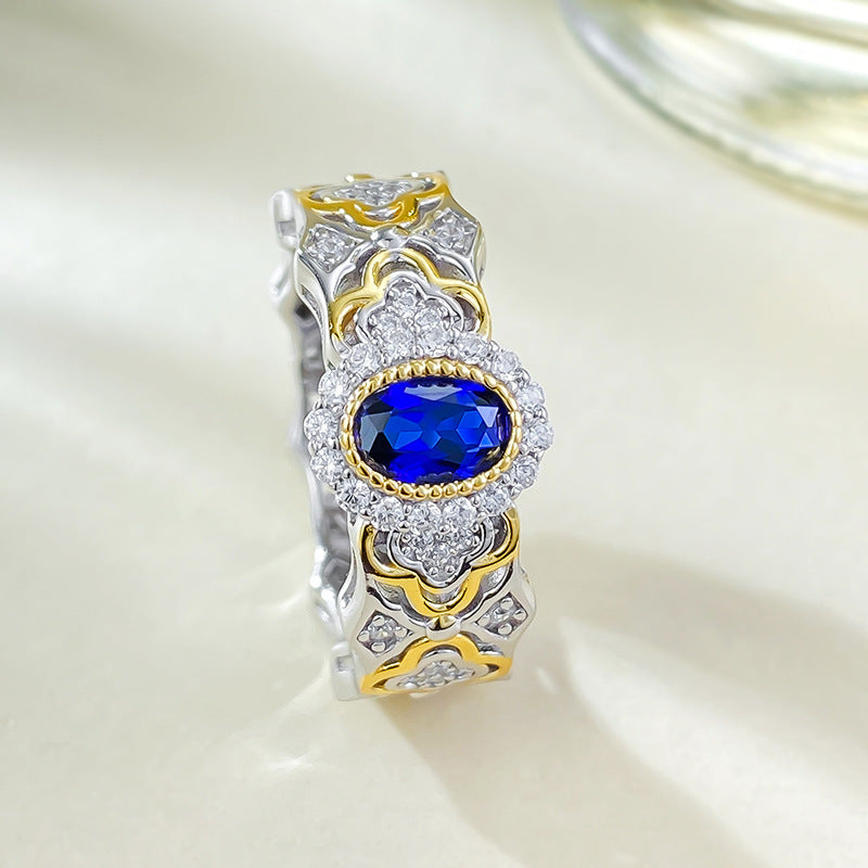 Urqanyu S925 silver Bujia French romantic simulated royal sapphire cubic zirconia ring 4*6