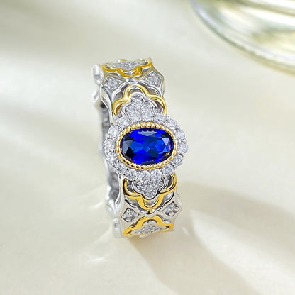 Urqanyu S925 silver Bujia French romantic simulated royal sapphire cubic zirconia ring 4*6