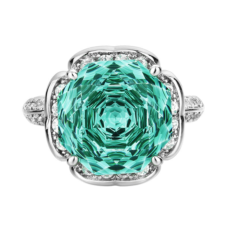 Urqanyu Copper Gold-plated Simulated Rose Cut Sea Blue Bud Textured Cubic Zirconia Ring 12mm