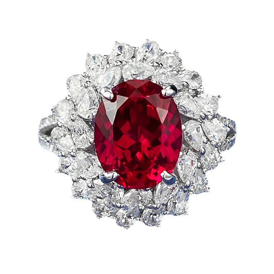 Urqanyu S925 silver pigeon blood red simulated diamond oval ring group inlaid flower cluster cubic zirconia wedding ring 8*10
