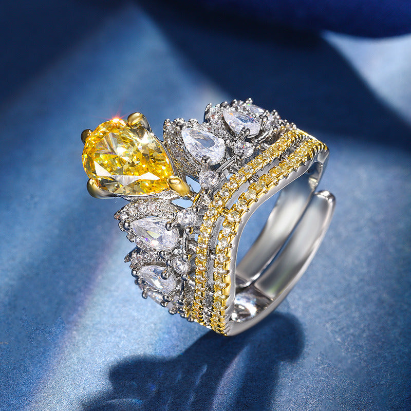 Urqanyu copper-based gold-plated ice flower cut crown copper-inlaid elegant cubic zirconia ring